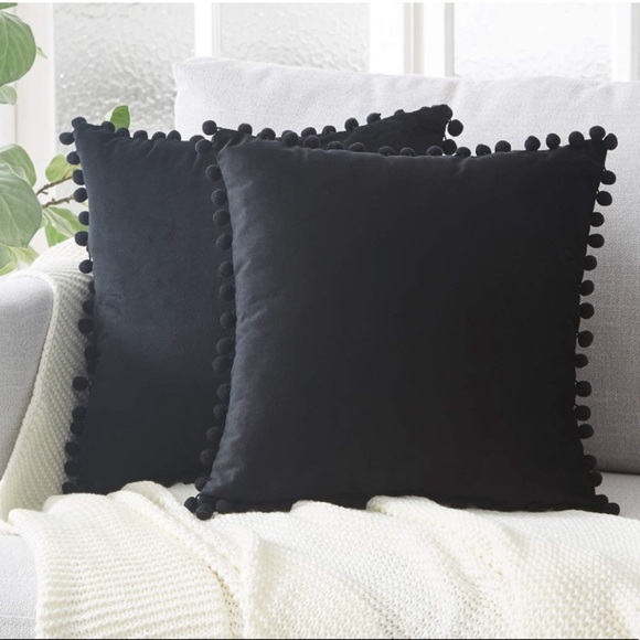 Classic Black Farmhouse Adorable Preppy Cute Pompom Throw Pillow Cover/Case Set